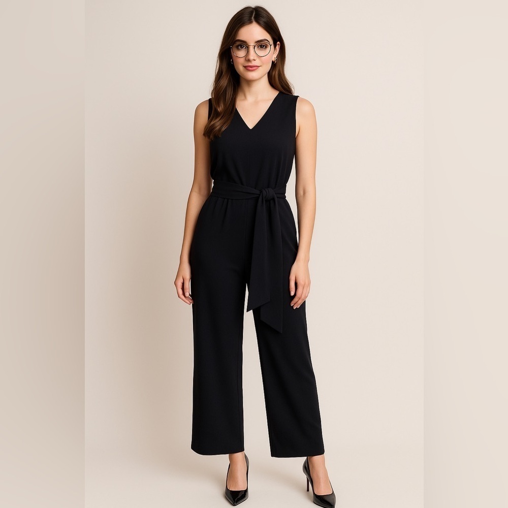 J McLaughlin Raye Jumpsuit M Black V-neck Wide Leg Sleeveless Preppy Minimalist
